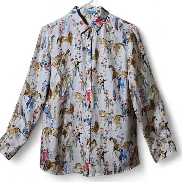J.McLaughlin 100% Silk Equestrian Horse Print Blouse | Button Down Novelty Shirt - Picture 2 of 9